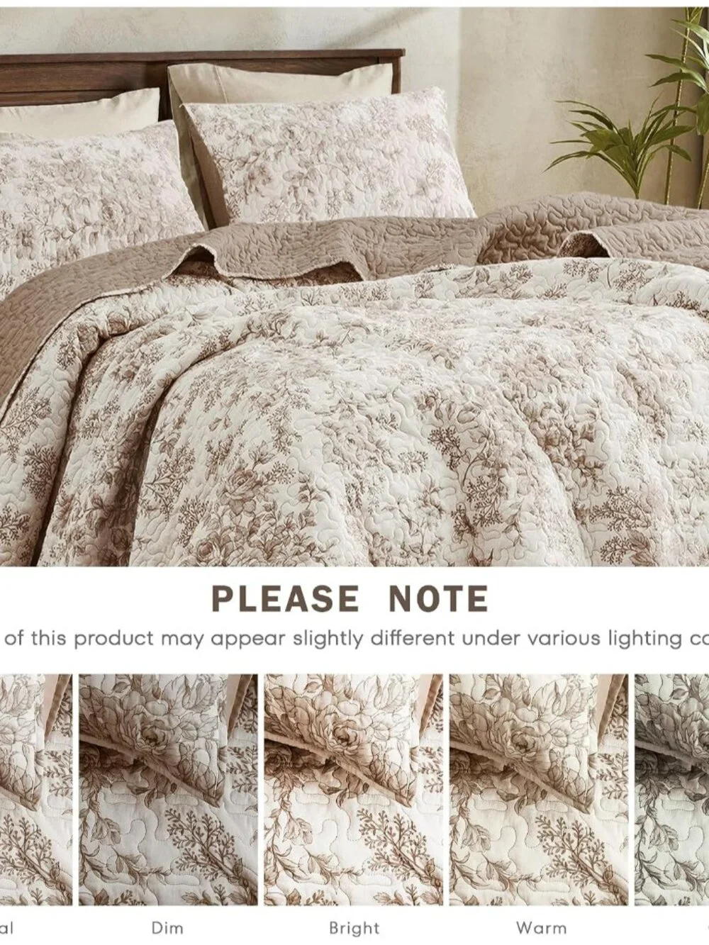 Taupe Floral Quilt King Size, 3-Piece Breathable Cotton Face Bedding Set, Neutra_5